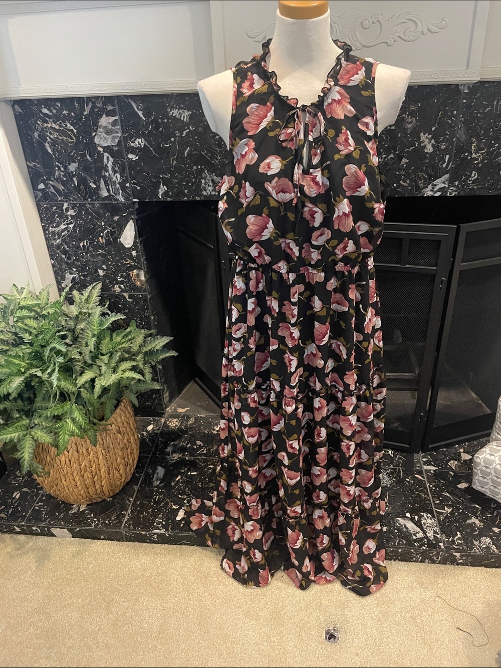 Black Floral Tiered Maxi Dress with Pink Blooms